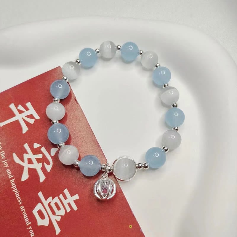 925 Sterling Silver Aquamarine Cat's Eye Support Bracelet