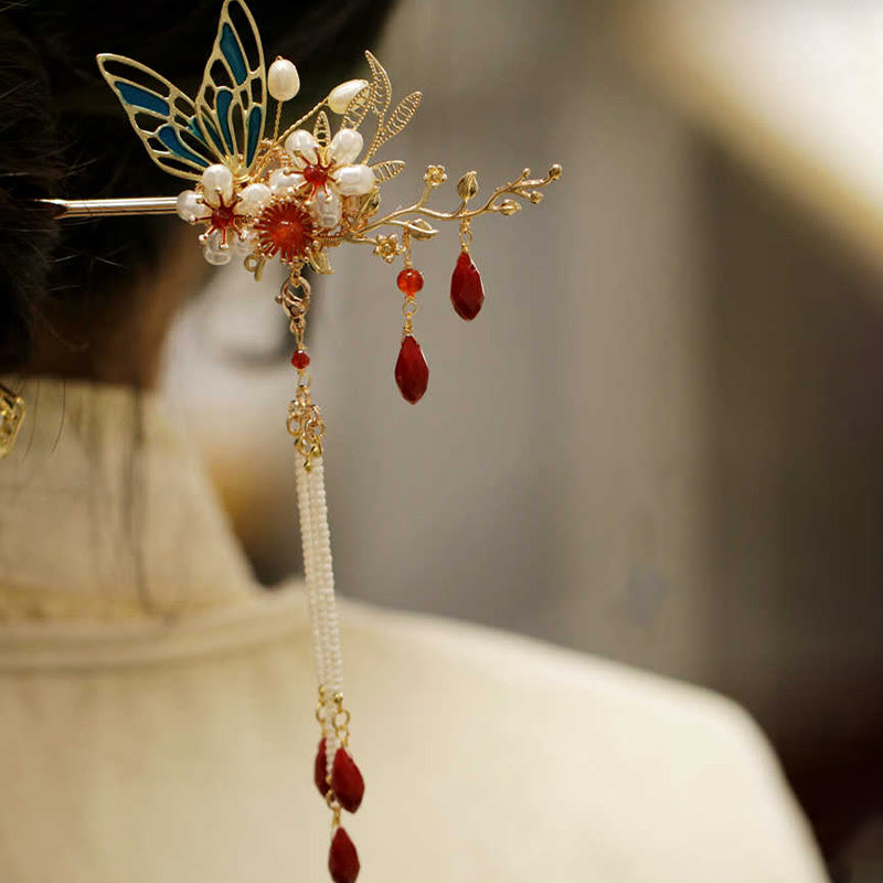 Red Flower Butterfly Pearl Tassel Hair Clip Comb Crown, Spiritual Jewelry
