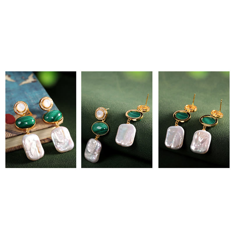 925 Sterling Silver Malachite Baroque Pearl Healing Wisdom Drop Earrings
