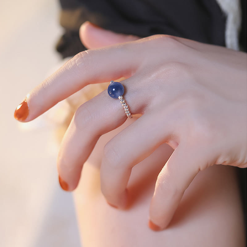 Blue Candy Agate 8mm Healing Bead Ring - Sterling Silver