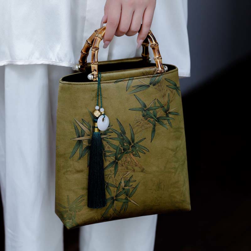 Yellow Green Bamboo Leaves Handbag with Bamboo Handles | Spiritual Accessory