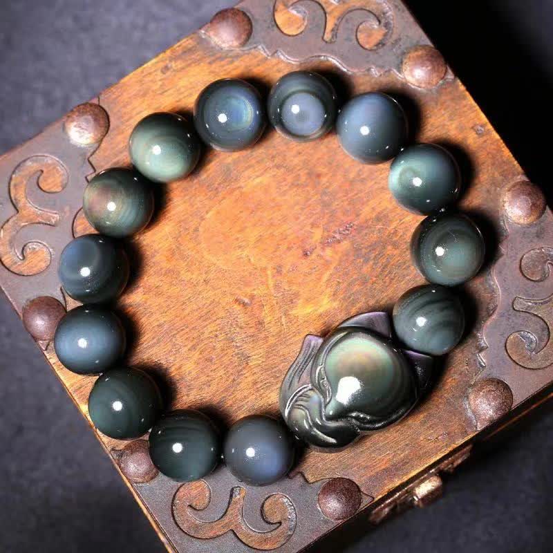 Rainbow Obsidian Healing Bracelet with Fox Charm
