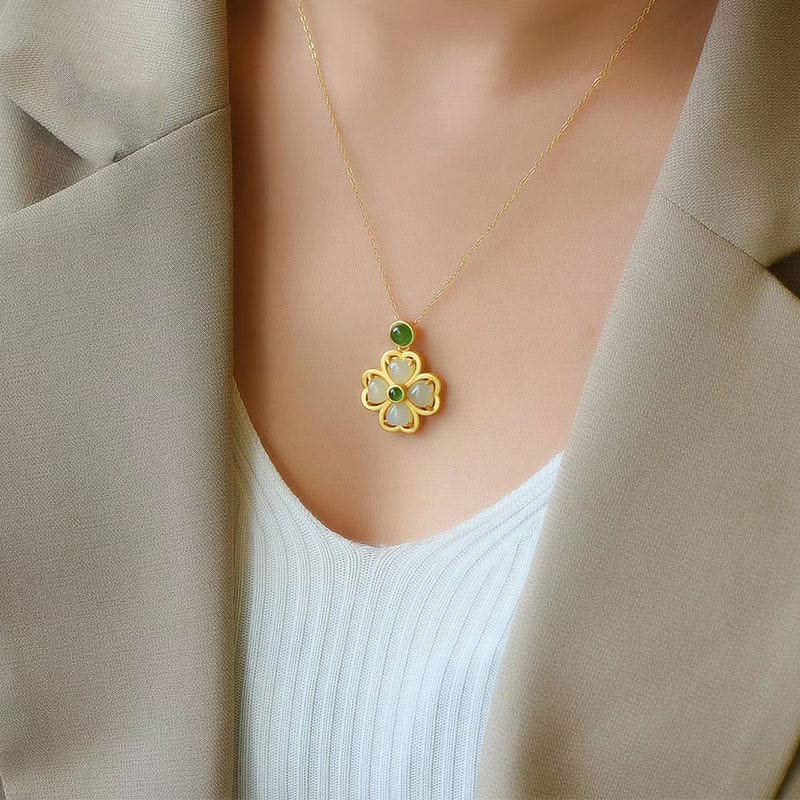 925 Sterling Silver Lucky Four Leaf Clover Jade Necklace | Prosperity & Luck