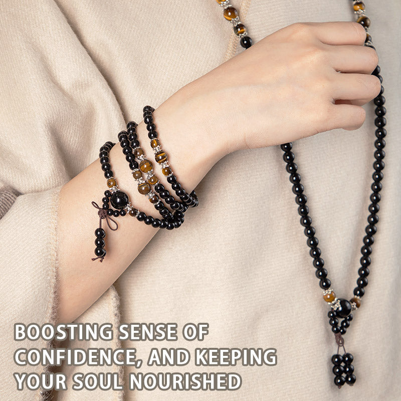 6mm Black Obsidian & Tiger Eye Mala Bracelet for Protection