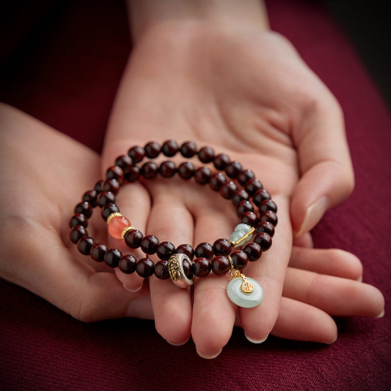 Chinese Zodiac Bracelet with Small Leaf Red Sandalwood & Jade for Protection