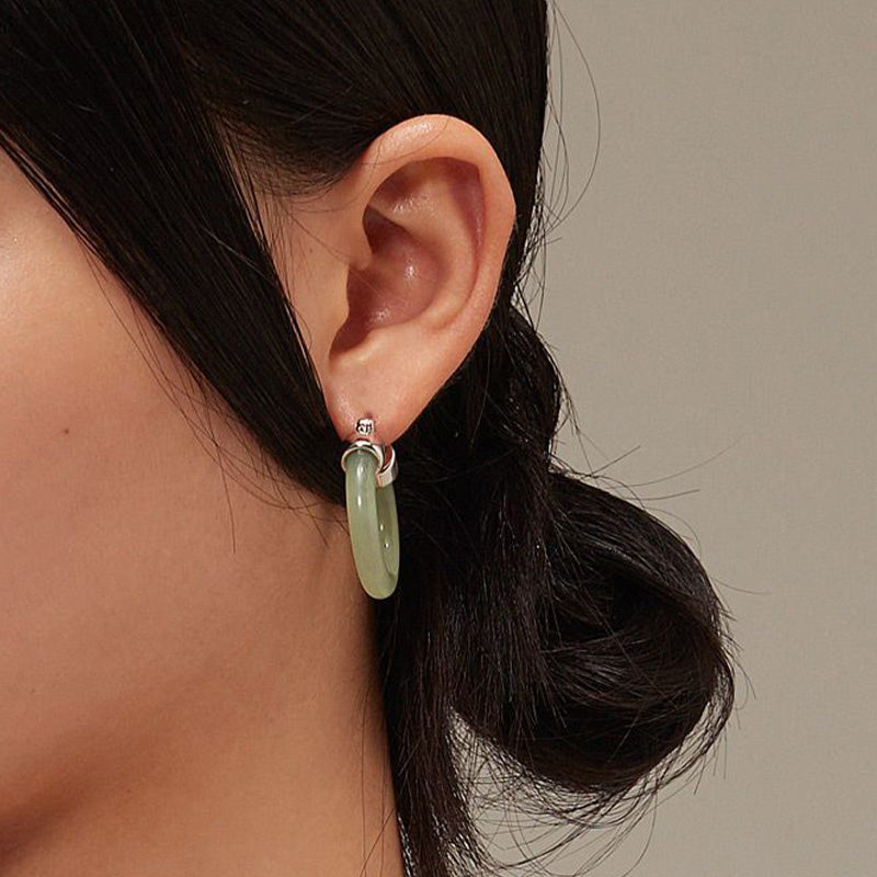 Round White Jade Prosperity Earrings with Silver and Gold Options