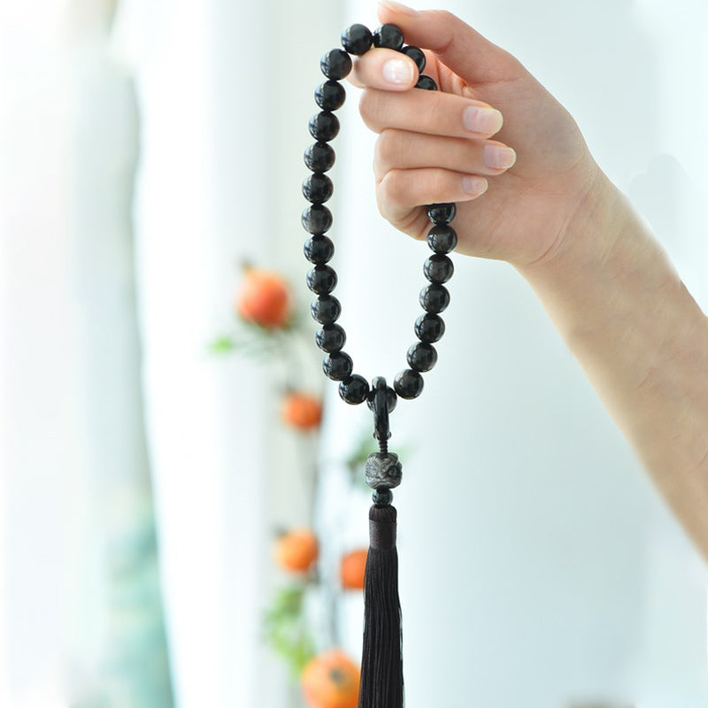 12mm Silver Sheen Obsidian Lion Meditation Wrist Mala