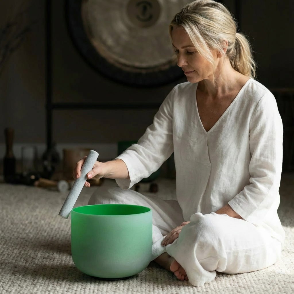 Bol chantant en cristal du chakra du cœur, note F verte