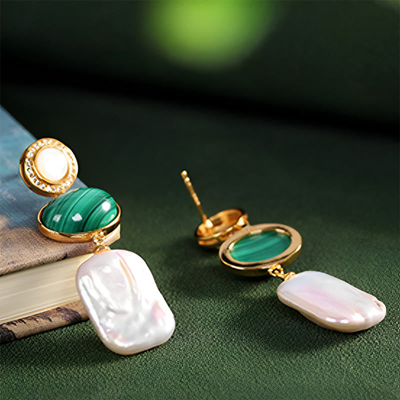 925 Sterling Silver Malachite Baroque Pearl Healing Wisdom Drop Earrings
