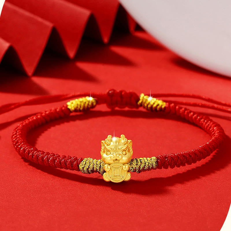 999 Sterling Silver Dragon Bracelet with Red String for Luck & Protection