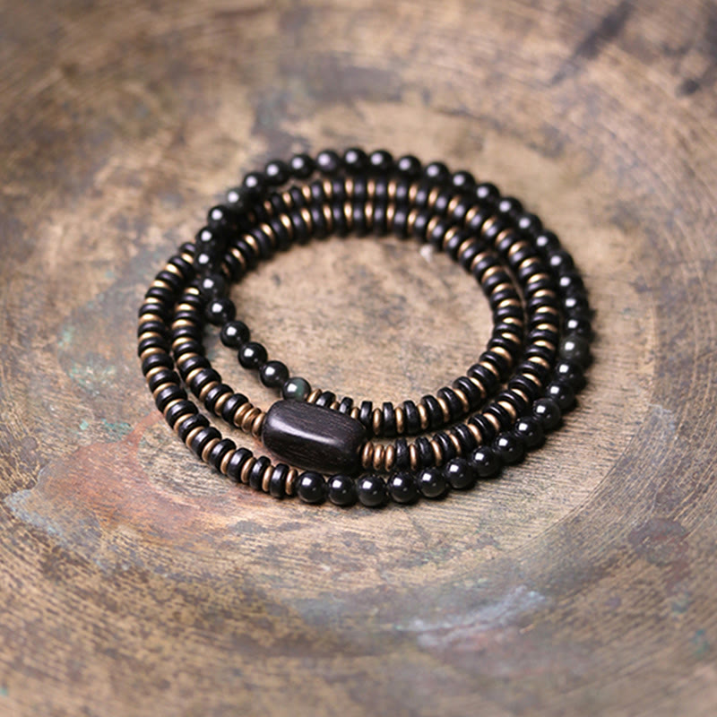 Rainbow Obsidian Ebony Wood Triple Wrap Healing Bracelet