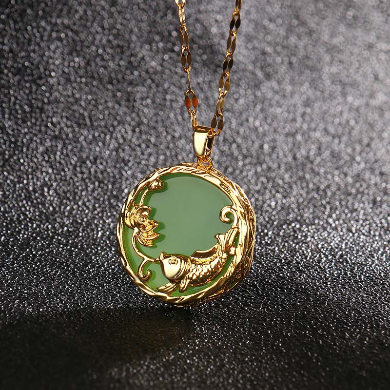 Natural Jade Koi Fish Lotus Luck Pendant Necklace