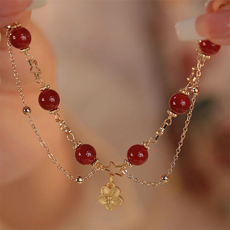8mm Red Agate Calm Bracelet with Star Flower Charm