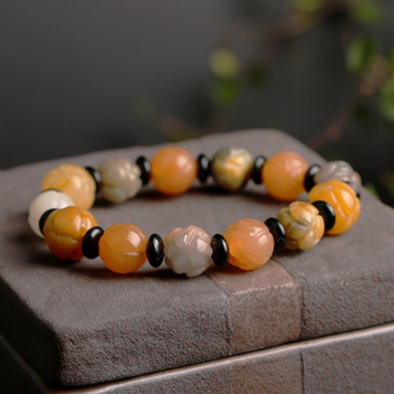 10mm Golden Silk Jade Lotus Wealth Luck Bracelet