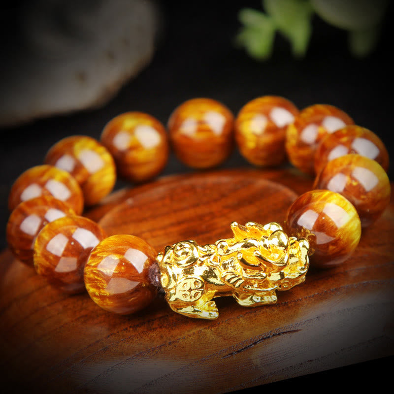 10mm Golden Tiger Eye Pixiu Bracelet for Wealth