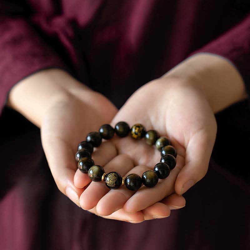 Bracelet de protection du zodiaque chinois en obsidienne dorée brillante 12 mm