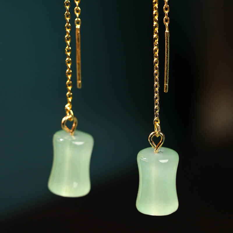 Boucles d'oreilles pendantes porte-bonheur en jade et bambou de 87 mm