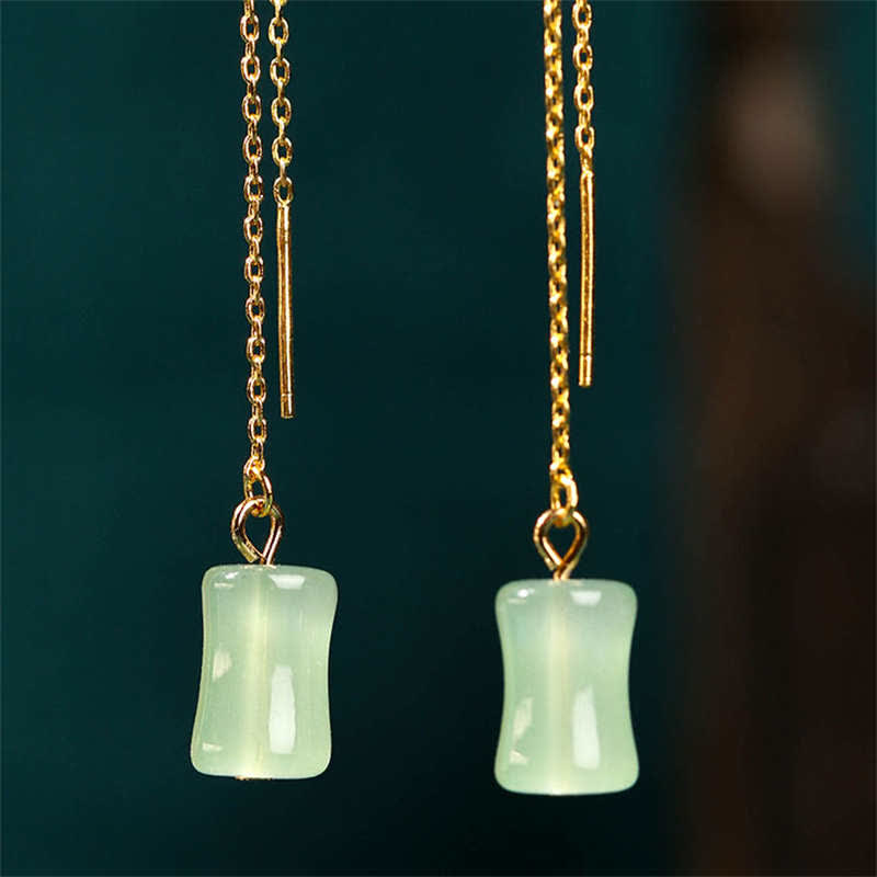 Boucles d'oreilles pendantes porte-bonheur en jade et bambou de 87 mm