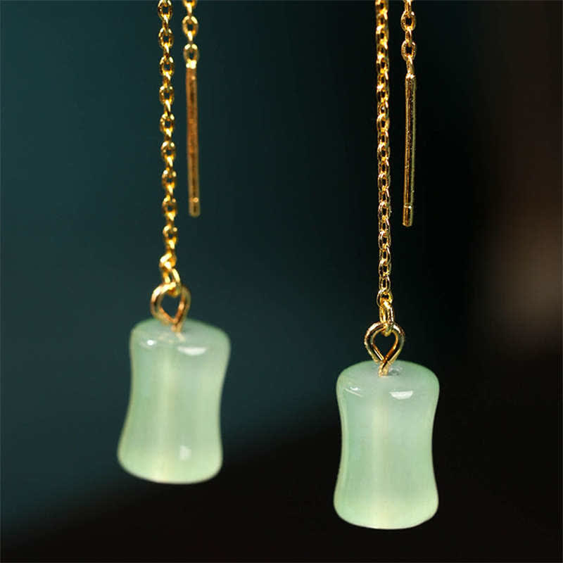 Boucles d'oreilles pendantes porte-bonheur en jade et bambou de 87 mm