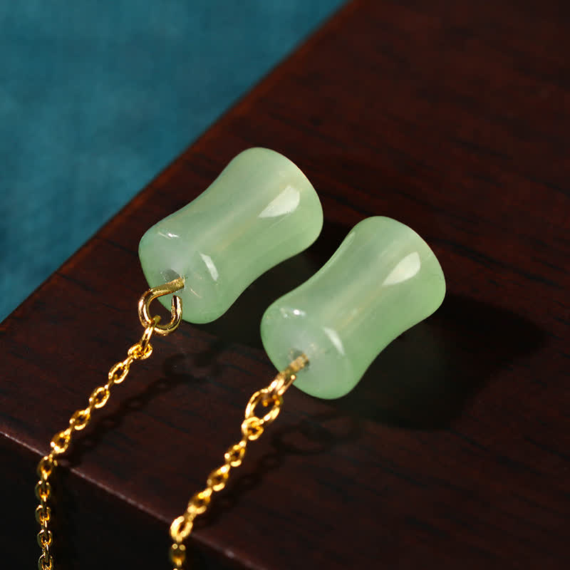Boucles d'oreilles pendantes porte-bonheur en jade et bambou de 87 mm