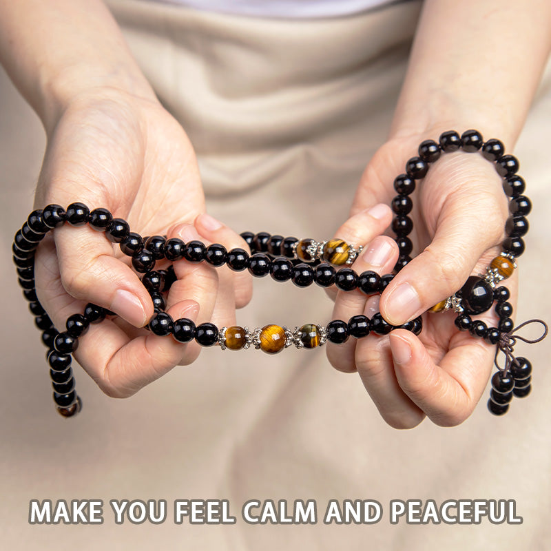 6mm Black Obsidian & Tiger Eye Mala Bracelet for Protection
