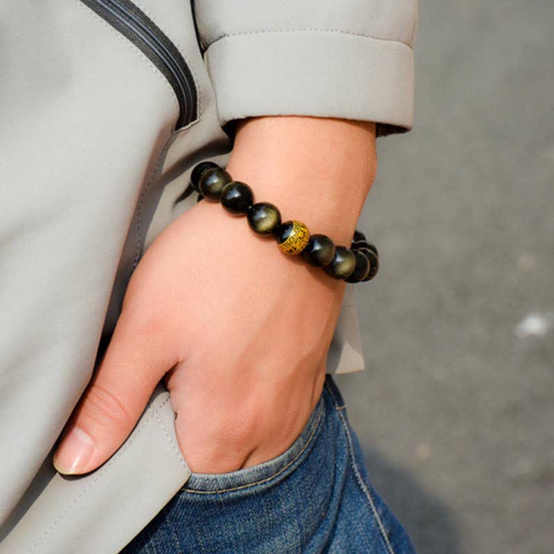 Bracelet de protection du zodiaque chinois en obsidienne dorée brillante 12 mm
