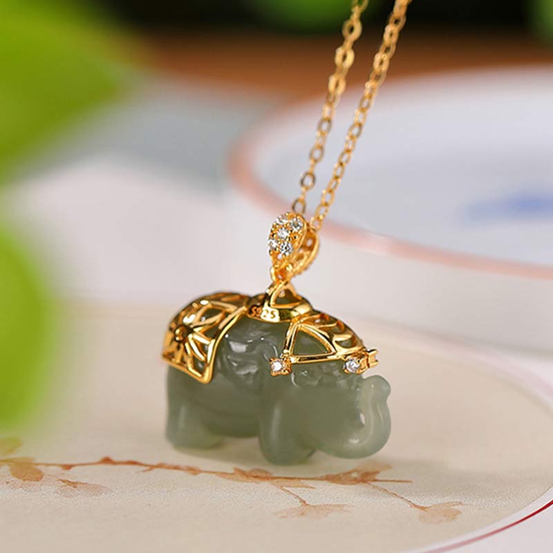 Jade Necklace with Sterling Silver Elephant Pendant for Prosperity
