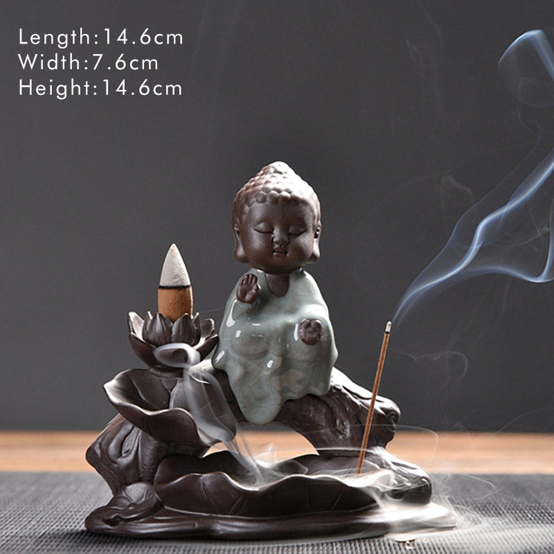 Ceramic Lotus Blessing Incense Burner with Little Monk