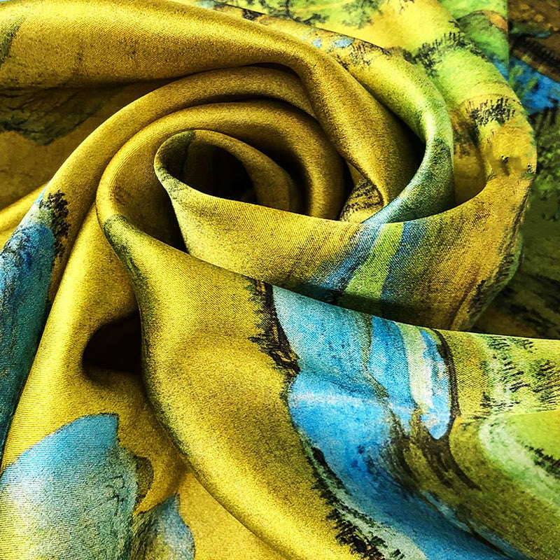 100% Mulberry Silk Tibetan Scarf Panorama of Rivers and Mountains