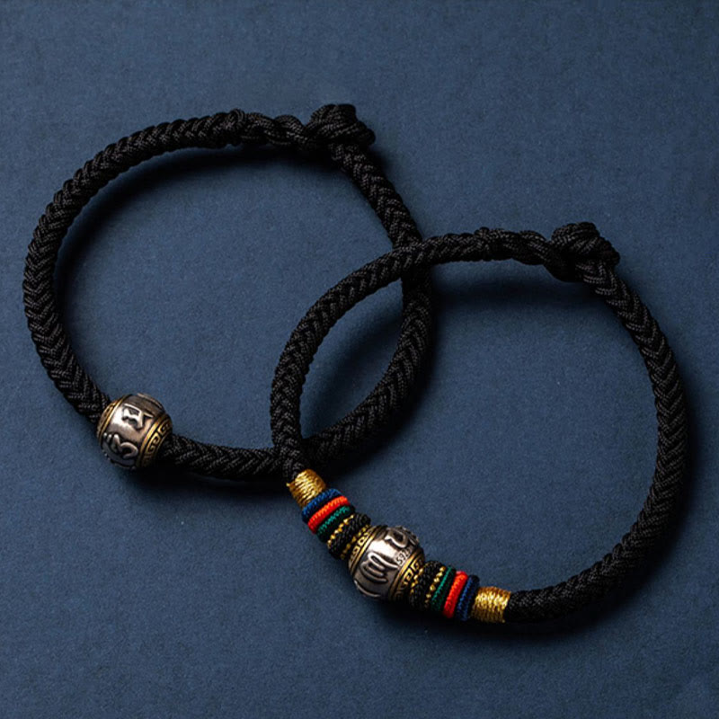 925 Sterling Silver Om Mani Padme Hum Braided Bracelet with King Kong Knot for Luck and Protection