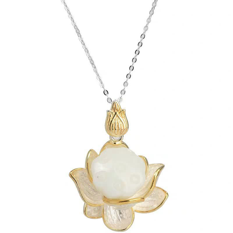 Collier de protection du bonheur en jade blanc et fleur de lotus