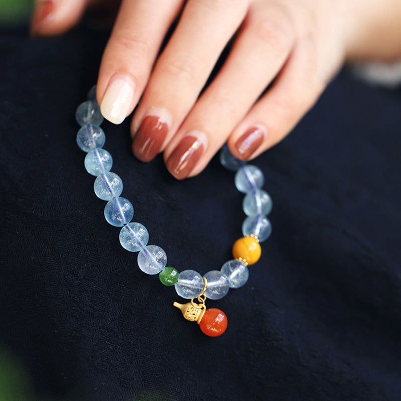 8mm Aquamarine Red Agate Peace Charm Bracelet for Serenity