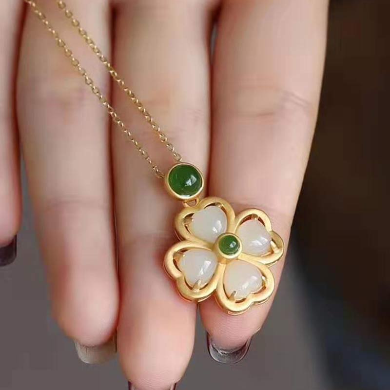 925 Sterling Silver Lucky Four Leaf Clover Jade Necklace | Prosperity & Luck
