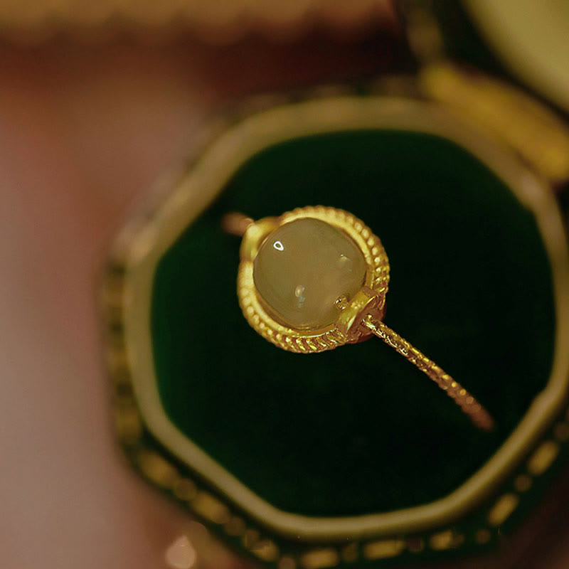 Adjustable 14K Gold Plated Jade Ring for Luck & Prosperity