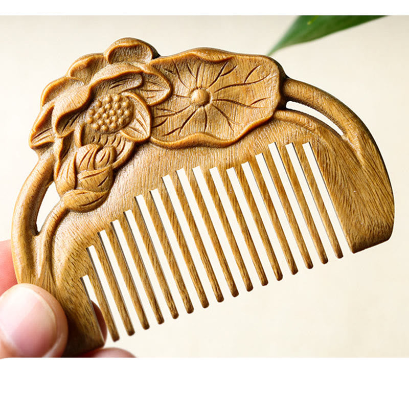 Green Sandalwood Lotus Flower Engraved Soothing Comb
