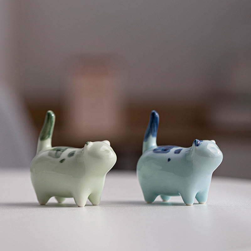 Statuette de chat porte-bonheur en céramique de 8 cm | Figurine de chat bleu debout