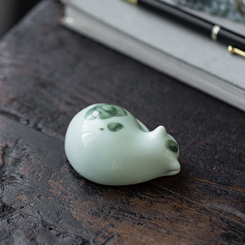 Statuette de chat porte-bonheur en céramique de 8 cm | Figurine de chat bleu debout