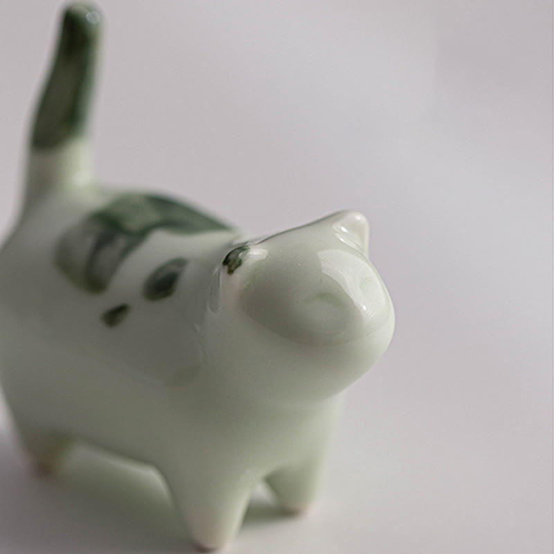 Statuette de chat porte-bonheur en céramique de 8 cm | Figurine de chat bleu debout