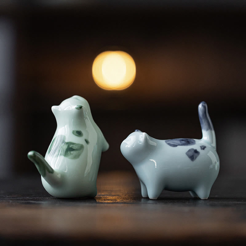 Statuette de chat porte-bonheur en céramique de 8 cm | Figurine de chat bleu debout