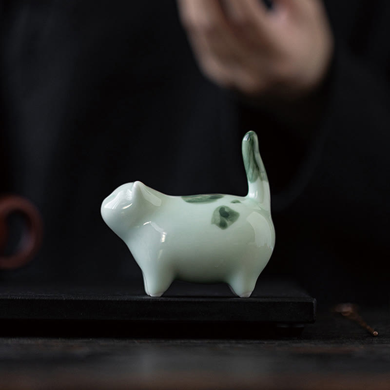 Statuette de chat porte-bonheur en céramique de 8 cm | Figurine de chat bleu debout