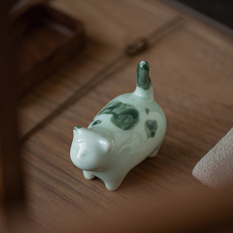 Statuette de chat porte-bonheur en céramique de 8 cm | Figurine de chat bleu debout