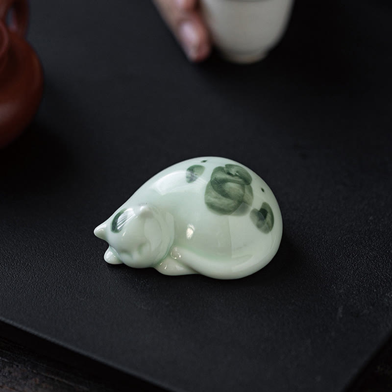 Statuette de chat porte-bonheur en céramique de 8 cm | Figurine de chat bleu debout