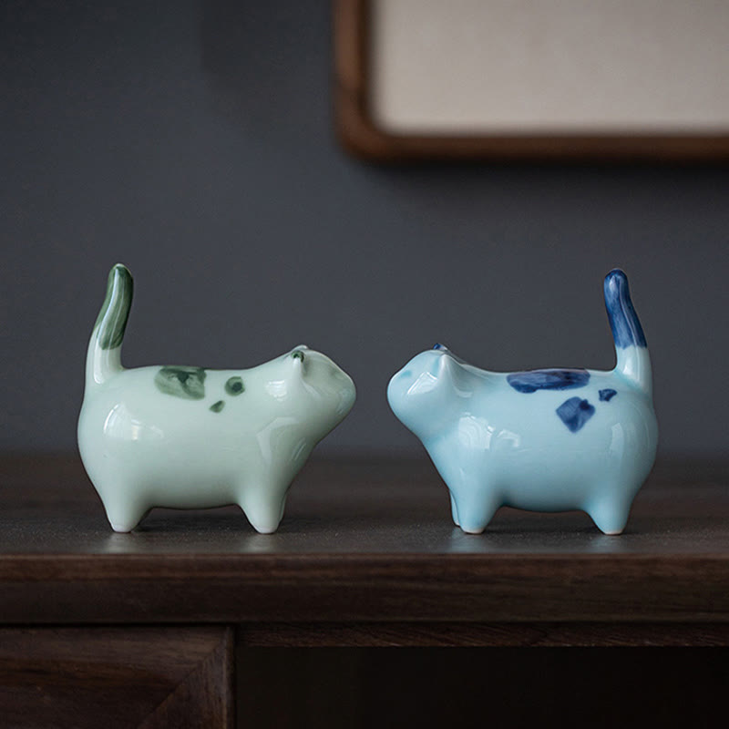 Statuette de chat porte-bonheur en céramique de 8 cm | Figurine de chat bleu debout