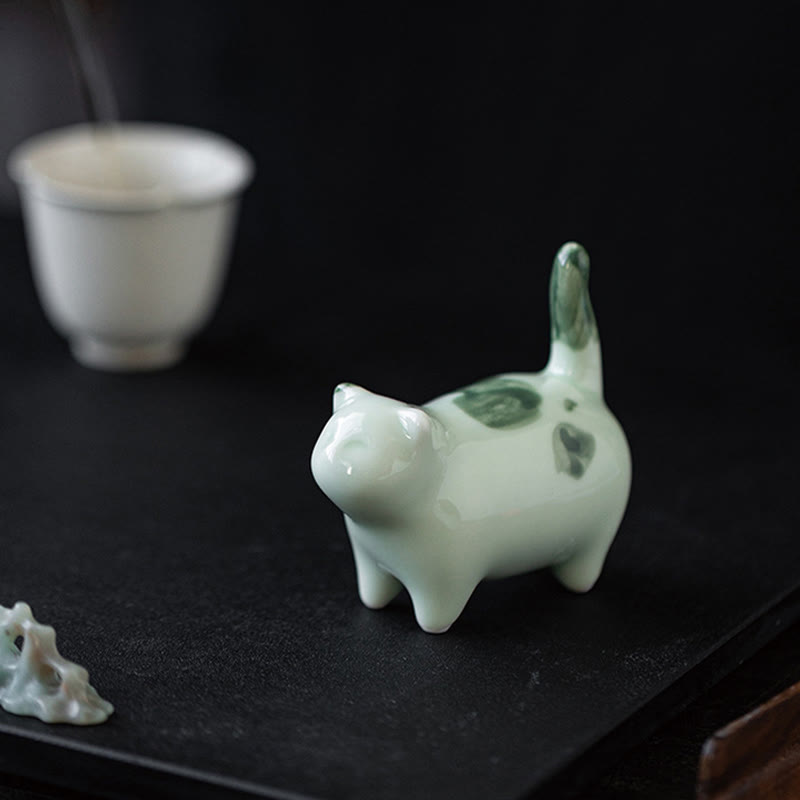 Statuette de chat porte-bonheur en céramique de 8 cm | Figurine de chat bleu debout