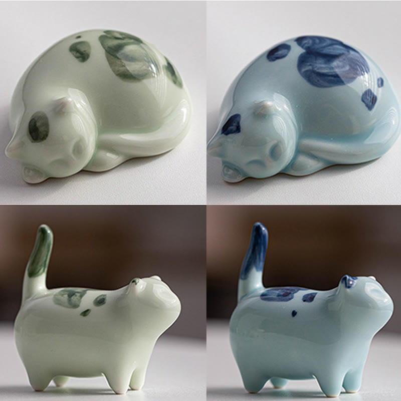 Statuette de chat porte-bonheur en céramique de 8 cm | Figurine de chat bleu debout