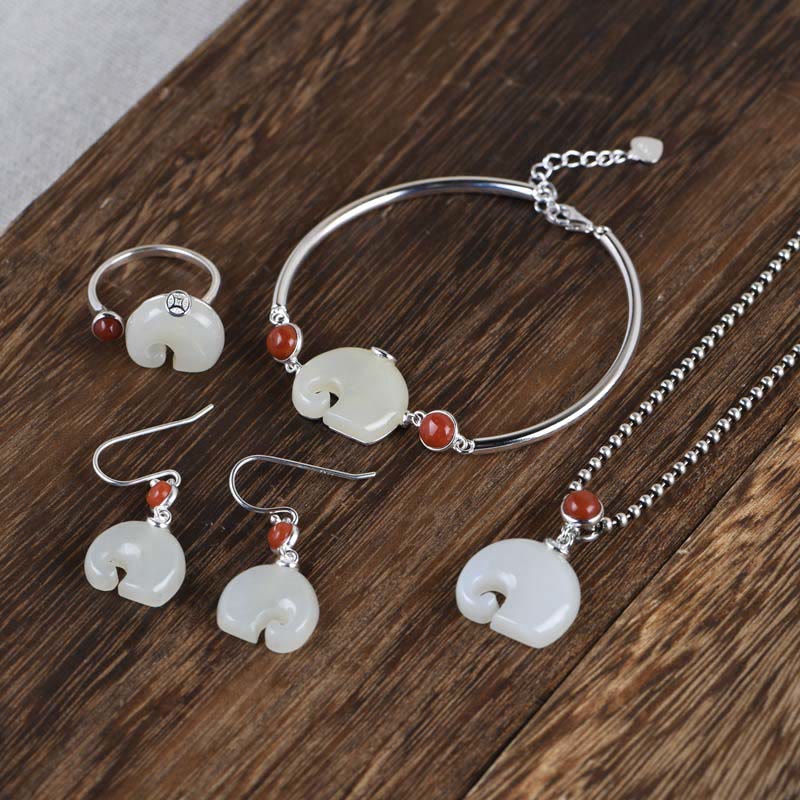 Elephant Hetian Jade 925 Silver Abundance Jewelry Set