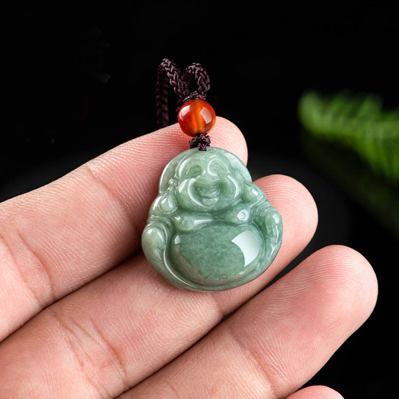 Cyan Jade Laughing Buddha Success Necklace Unisex 24mm
