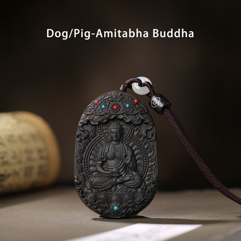 Collier en bois d'agar avec pendentif Om Mani Padme Hum et signe du zodiaque chinois