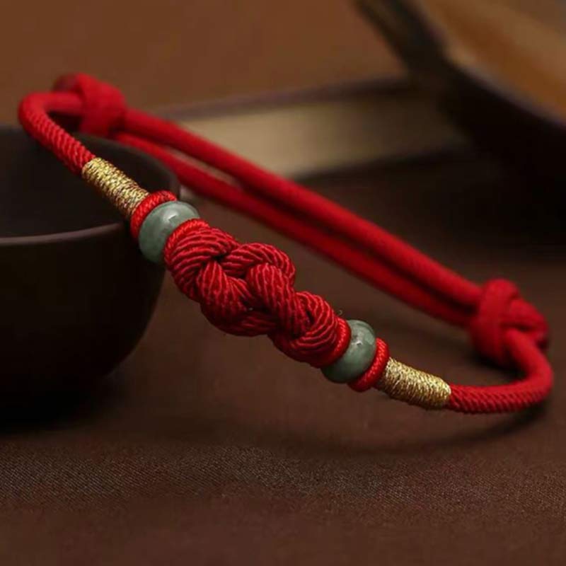 Adjustable Jade Luck Knot Bracelet with Red Feng Shui String
