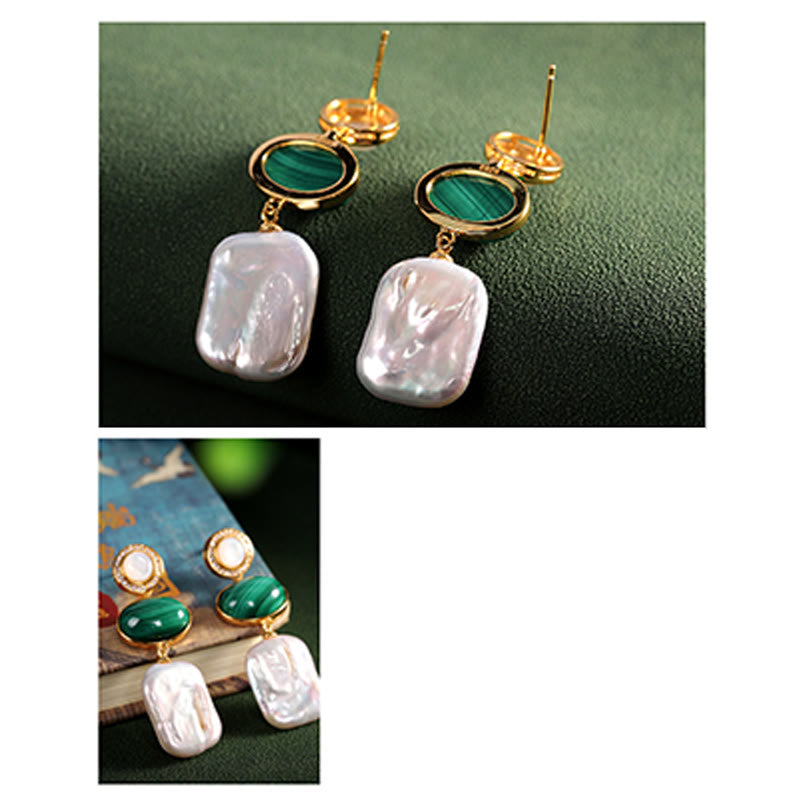 925 Sterling Silver Malachite Baroque Pearl Healing Wisdom Drop Earrings